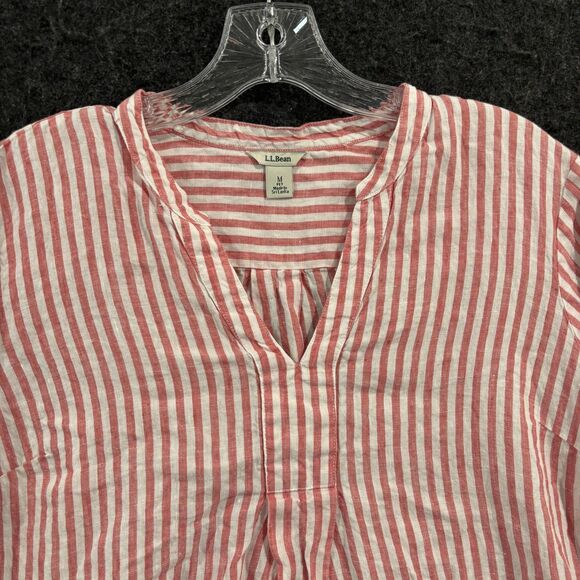 LL Bean Shirt Women's Medium Pink White Stripe 100% Linen Tunic Popover Top - Picture 2 of 8